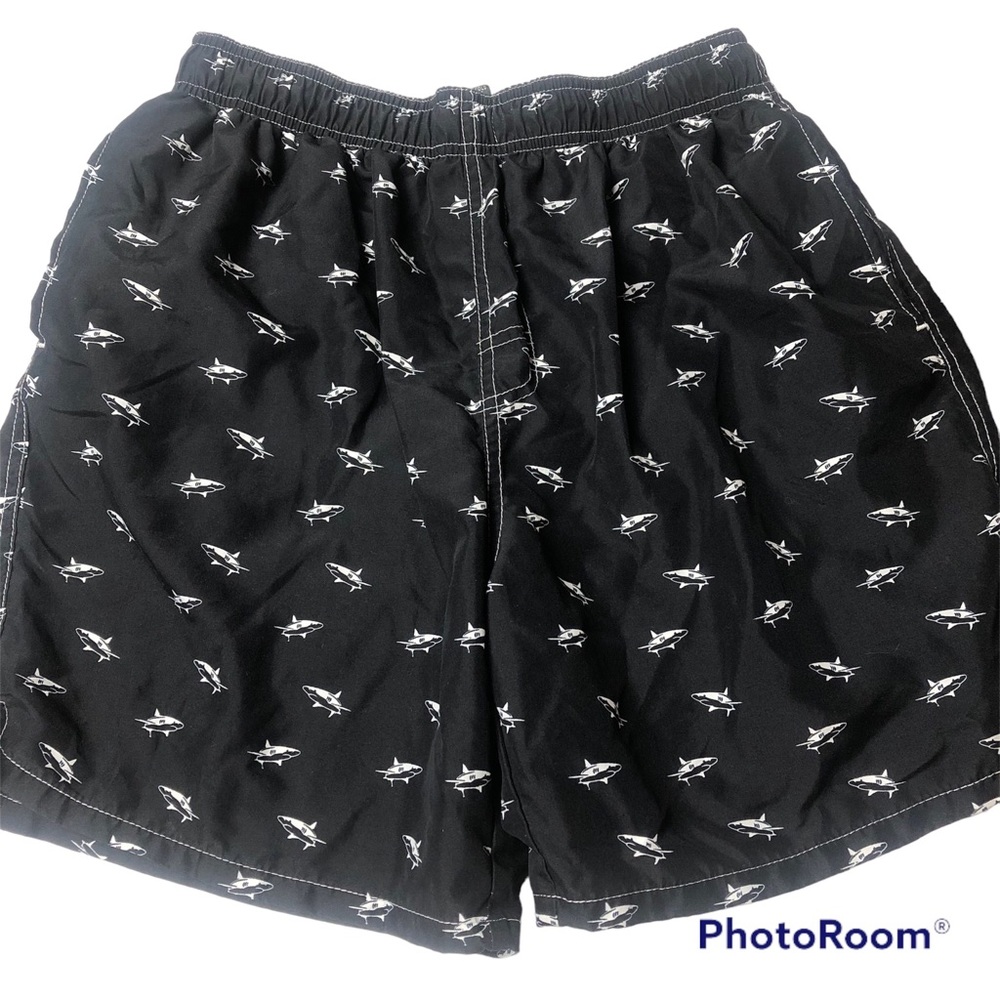 Boys Shark Board Shorts Black & White Swim Trunks by RS Surf Elastic Waist Lined